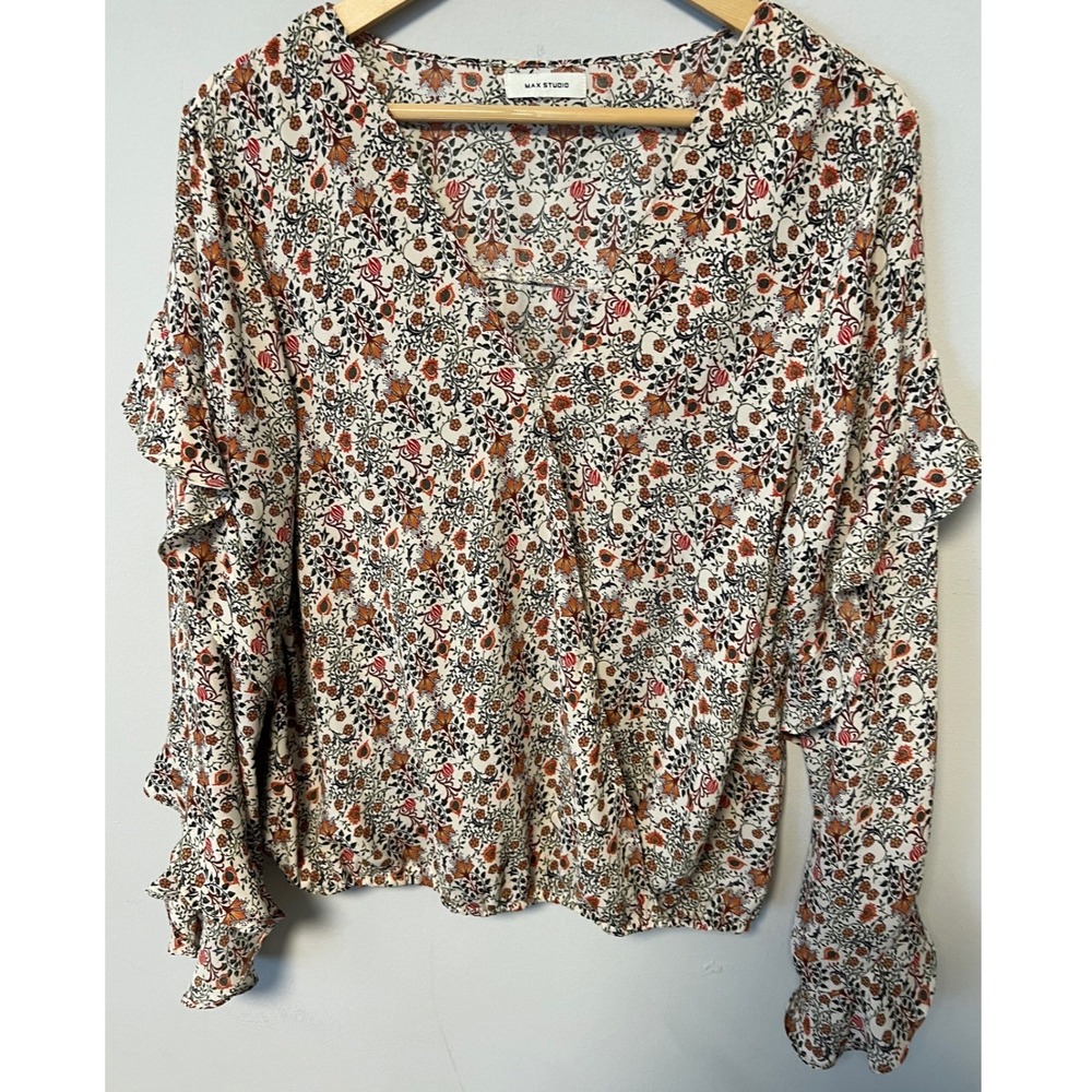 Max Studio Floral Ruffle Blouse Womens Large Multicolor Pre-owned Surplice Top